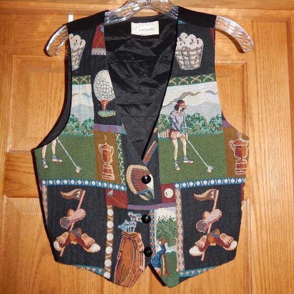 Vintage Women's Size Large L Tapestry Golf Ball Club Shoe Theme Vest by Conterio - Picture 1 of 2